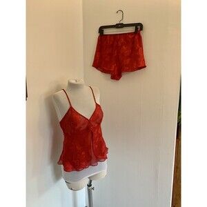 VTG 80s 90s INNER MOST 2 PC Lingerie Set Cami Shorts Sheer Rose Red Teddy Small